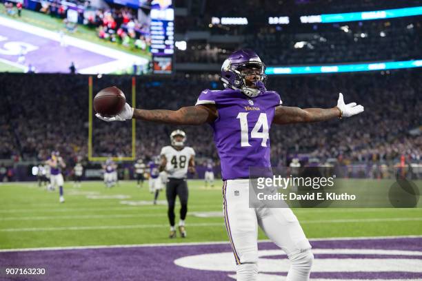 Minnesota Vikings Stefon Diggs victorious after scoring game-winning touchdown vs New Orleans Saints at US Bank Stadium. Minneapolis, MN 1/14/2018...