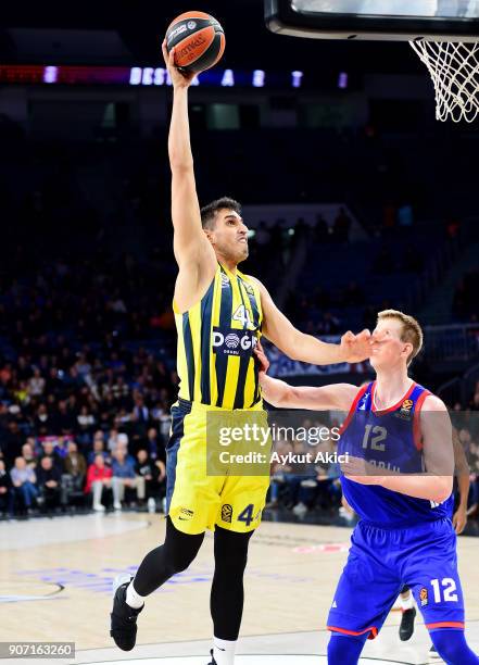 Ahmet Duverioglu, #44 of Fenerbahce Dogus Istanbul competes with Brock Motum, #12 of Anadolu Efes Istanbul during the 2017/2018 Turkish Airlines...