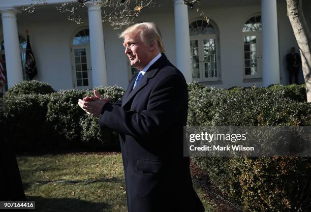 President Donald Trump walks into the Rose Garden to speak to March for Life Participants and Pro-Life Leaders, at the White House on January 19,...