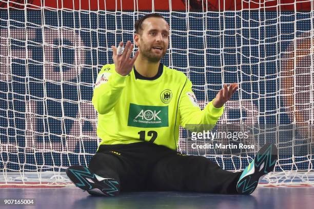 Goalkeeper Silvio Heinevetter of Germany reacts during the Men's Handball European Championship main round group 2 match between Germany and Czech...