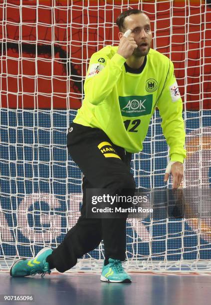 Goalkeeper Silvio Heinevetter of Germany reacts during the Men's Handball European Championship main round group 2 match between Germany and Czech...