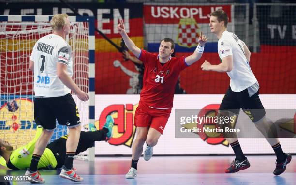 Tomas Cip of Czech Republic celebrates a goal during the Men's Handball European Championship main round group 2 match between Germany and Czech...