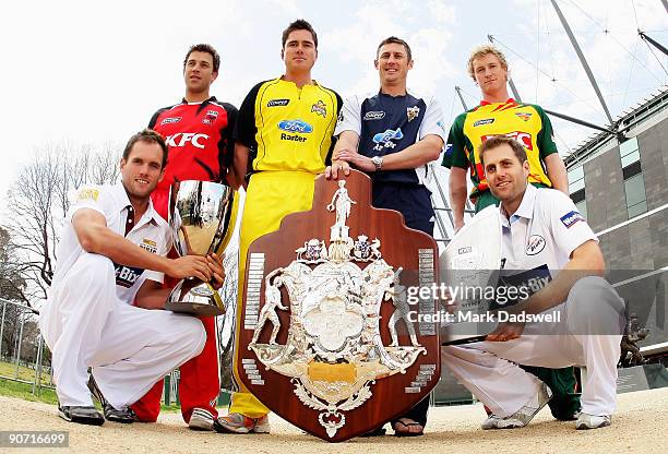 Chris Simpson of Qld, Graham Manou of SA, Marcus North of WA, David Hussey of VIC, George Bailey of TAS and Simon Katich of NSW model the new seasons...