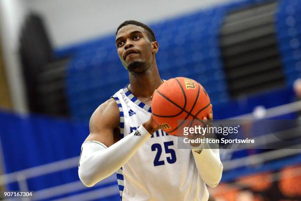 Eastern Illinois Panthers Forward Muusa Dama shoots a free throw during the Ohio Valley Conference college basketball game between the...