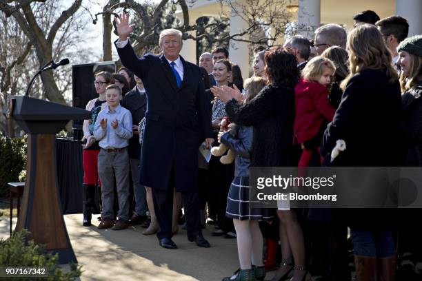 President Donald Trump waves after addressing March for Life participants and pro-life leaders in the Rose Garden of the White House in Washington,...