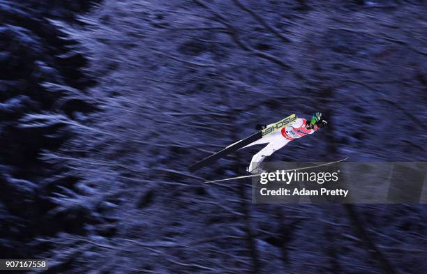 Peter Prevc of Slovenia soars through the air during his first competition jump of the Ski Flying World Championships on January 19, 2018 in...