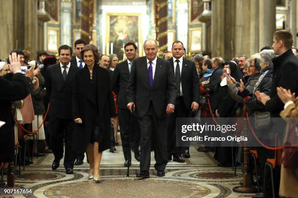 Queen Sofia and King Juan Carlos attend the inauguration of the new lighting of the papal Basilica of St. Mary Major on January 19, 2018 in Vatican...