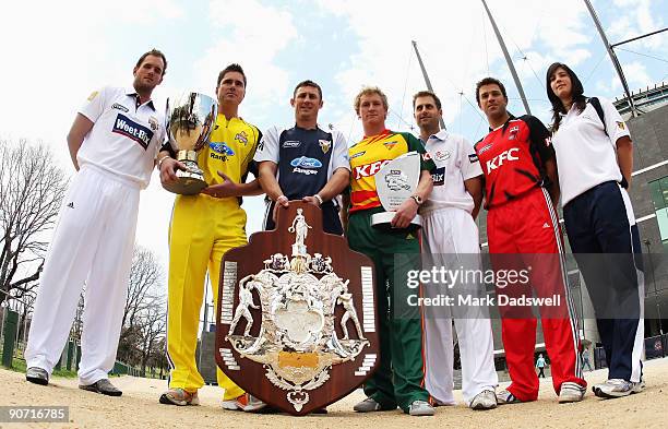 Chris Simpson of Qld, Marcus North of WA, David Hussey of VIC, George Bailey of TAS, Simon Katich of NSW, Graham Manou of SA and Emma Inglis of the...