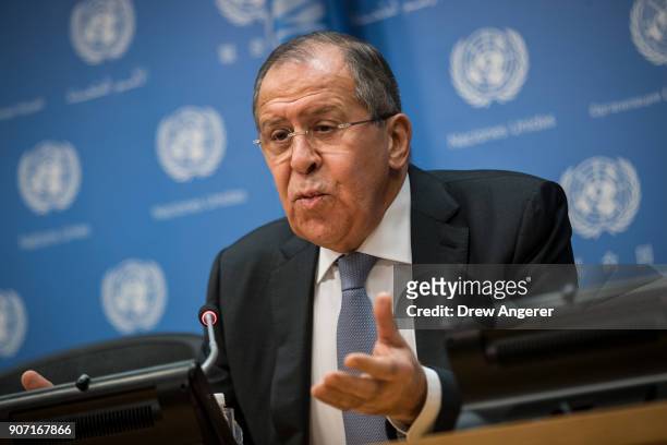Foreign Minister of Russia Sergey Lavrov speaks during a press conference at United Nations headquarters, January 19, 2018 in New York City. Lavrov...