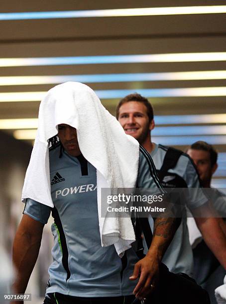 Rodney So'oialo of the All Blacks walks to the swimming pool during the New Zealand All Blacks recovery session at the Te Rauparaha Arena on...