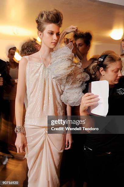 Emma Ishta backstage at the Toni Maticevski Spring 2010 during Mercedes-Benz Fashion Week at Altman Building on September 13, 2009 in New York City.