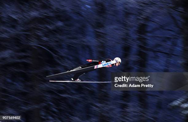 Daniel Andre Tande of Norway soars through the air during his first competition jump of the Ski Flying World Championships on January 19, 2018 in...