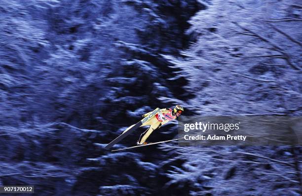Noriaki Kasai of Japan soars through the air during his first competition jump of the Ski Flying World Championships on January 19, 2018 in...