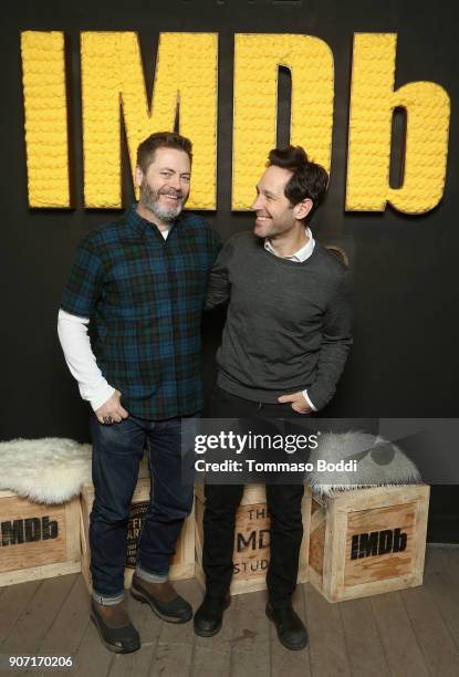 Actor Nick Offerman from 'Hearts Beat Loud' and actor Paul Rudd from 'The Catcher Was A Spy' attend The IMDb Studio at The Sundance Film Festival on...