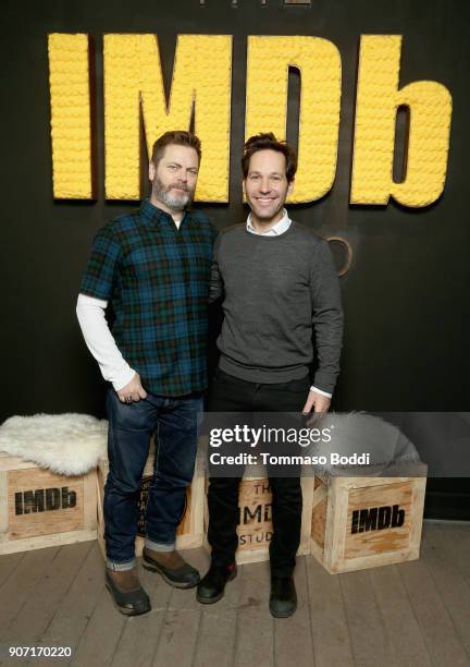 Actor Nick Offerman from 'Hearts Beat Loud' and actor Paul Rudd from 'The Catcher Was A Spy' attend The IMDb Studio at The Sundance Film Festival on...