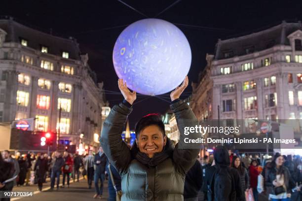 The artwork 'Origin of the World Bubble 2018' by Miguel Chevalier is suspended above Oxford Circus, London, during the Lumiere London light festival...