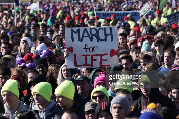 Pro-life activists participate in a rally at the National Mall prior to the 2018 March for Life January 19, 2018 in Washington, DC. Activists...