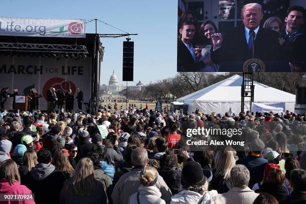 Pro-life activists watch U.S. President Donald Trump giving remarks from the Rose Garden of the White House on a jumbotron during a rally at the...