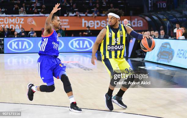 Ali Muhammed, #35 of Fenerbahce Dogus Istanbul competes with Errick McCollum, #3 of Anadolu Efes Istanbul during the 2017/2018 Turkish Airlines...