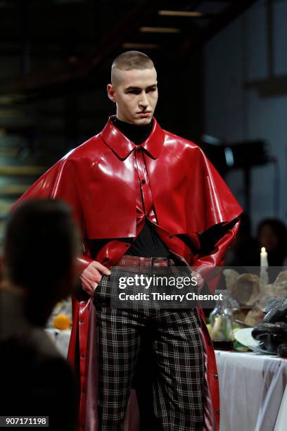 Model walks the runway during the Arthur Avellano Menswear Fall/Winter 2018-2019 show as part of Paris Fashion Week on January 19, 2018 in Paris,...