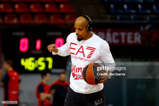 Jordan Theodore, #25 of AX Armani Exchange Olimpia Milan warm up during the 2017/2018 Turkish Airlines EuroLeague Regular Season Round 19 game...