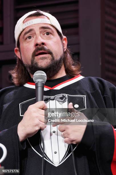 Filmmaker Kevin Smith speaks at the Cinema Cafe With Will.i.am And Kevin Smith Times Talk during the 2018 Sundance Film Festival at Filmmaker Lodge...