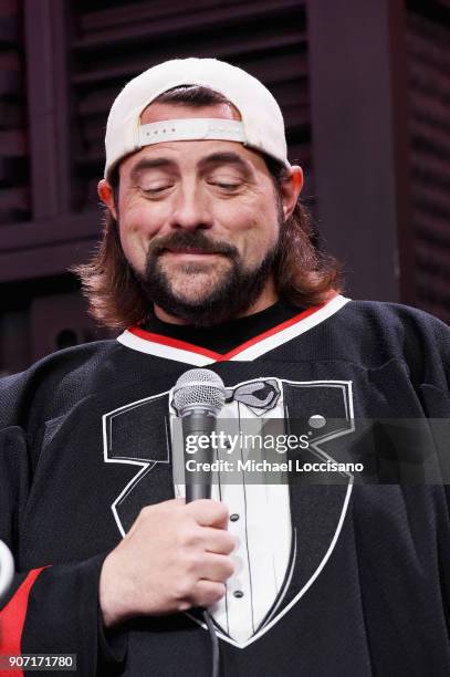 Filmmaker Kevin Smith speaks at the Cinema Cafe With Will.i.am And Kevin Smith Times Talk during the 2018 Sundance Film Festival at Filmmaker Lodge...