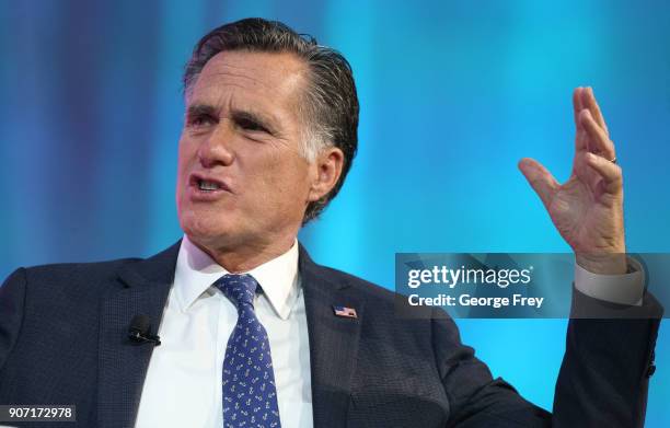 Former Massachusetts Governor and Republican presidential candidate Mitt Romney is interviewed at the Silicon Slopes Tech Conference on January 19,...