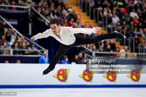 Javier Fernandez of Spain competes in the Men's Free Skating during day three of the European Figure Skating Championships at Megasport Arena on...