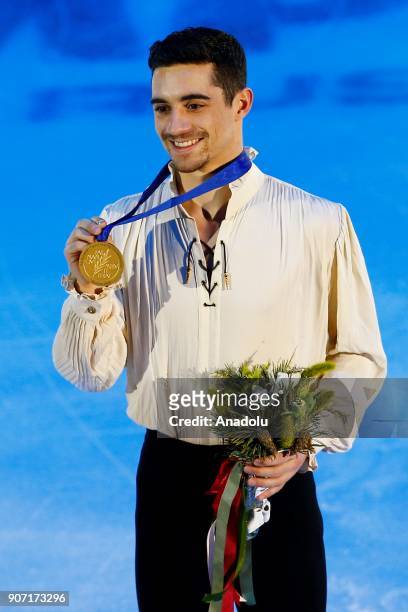 Gold Medalist Javier Fernandez of Spain poses for a photo with his medal after celebration ceremony of the Man Free Skating during the ISU European...