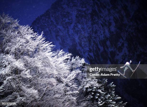 Alex Insam of Italy soars through the air during his second competition jump of the Ski Flying World Championships on January 19, 2018 in Oberstdorf,...