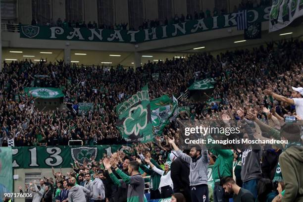 Fans of Panathinaikos react during the 2017/2018 Turkish Airlines EuroLeague Regular Season Round 19 game between Panathinaikos Superfoods Athens and...