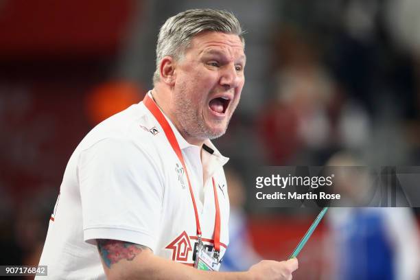 Head coach Nikolaj Bredahl Jacobsen of Denmark reacts during the Men's Handball European Championship main round group 2 match between Slovenia and...