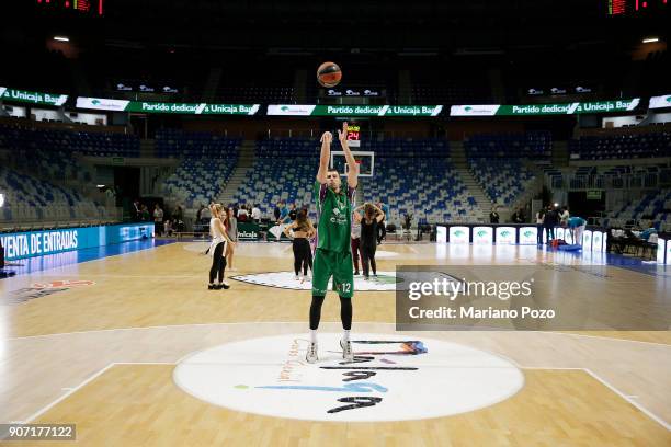 Dragan Milosavljevic, #12 of Unicaja Malaga warming up before the 2017/2018 Turkish Airlines EuroLeague Regular Season game between Unicaja Malaga...