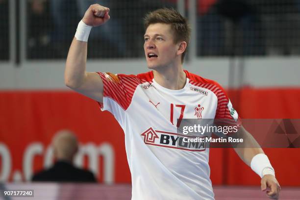 Lasse Svan of Denmark celebrates a goal during the Men's Handball European Championship main round group 2 match between Slovenia and Denmark at...