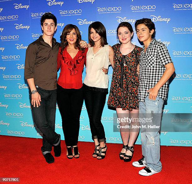 The cast of "Wizards of Waverly Place" actors David Henrie, Maria Canals-Barrera, Selena Gomez, Jennifer Stone and Jake T. Austin attend the D23 Expo...