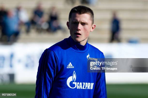Fabian Reese of Schalke looks on prior to the Friendly match between FC Schalke 04 and KRC Genk at Estadio Municipal Guillermo Amor on January 07,...