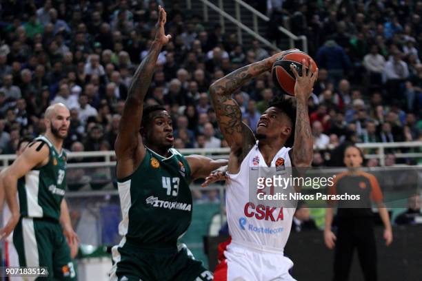 Will Clyburn, #21 of CSKA Moscow competes with Athanasios Antetokounmpo, #43 of Panathinaikos Superfoods Athens during the 2017/2018 Turkish Airlines...