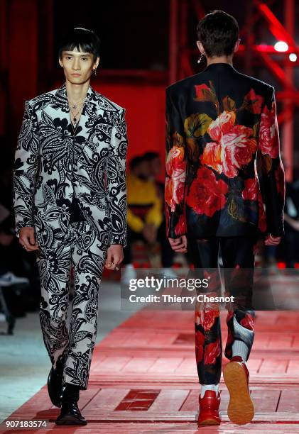 Model walks the runway during the Alexander McQueen Menswear Fall/Winter 2018-2019 show as part of Paris Fashion Week on January 19, 2018 in Paris,...