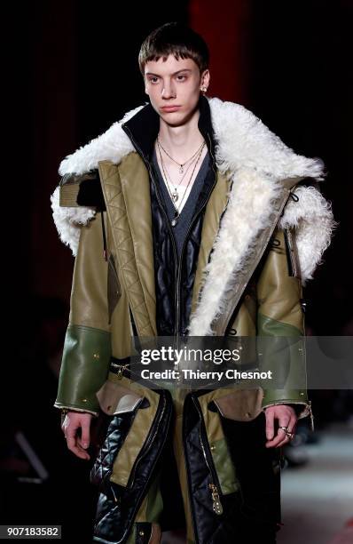 Model walks the runway during the Alexander McQueen Menswear Fall/Winter 2018-2019 show as part of Paris Fashion Week on January 19, 2018 in Paris,...