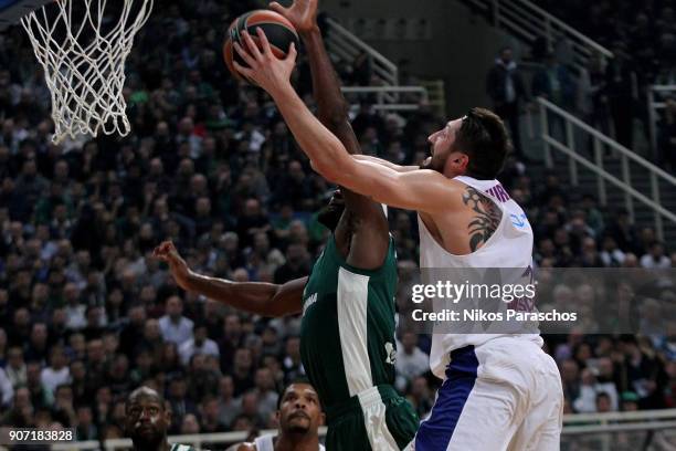 Nikita Kurbanov, #41 of CSKA Moscow competes with Chris Singleton, #0 of Panathinaikos Superfoods Athens during the 2017/2018 Turkish Airlines...