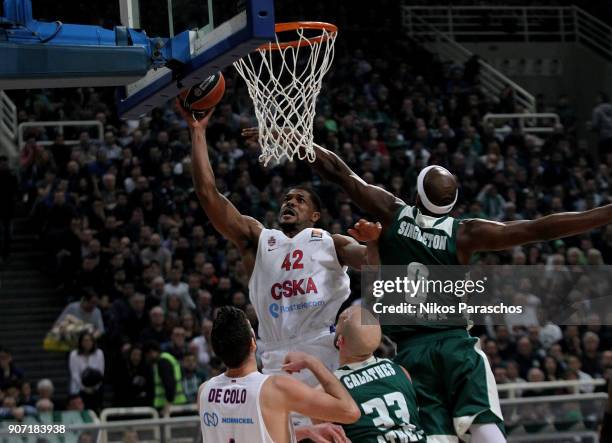 Kyle Hines, #42 of CSKA Moscow in action during the 2017/2018 Turkish Airlines EuroLeague Regular Season Round 19 game between Panathinaikos...