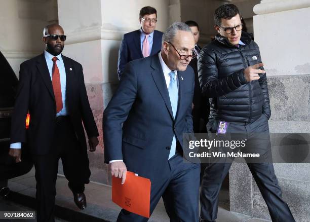 Senate Minority Leader Chuck Schumer returns to the U.S. Capitol after meeting with U.S. President Donald Trump on the looming threat of a federal...