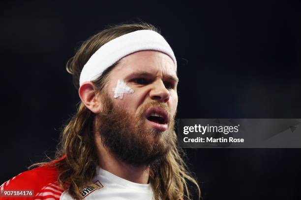 Mikkel Hansen of Denmark reacts during the Men's Handball European Championship main round group 2 match between Slovenia and Denmark at Varazdin...