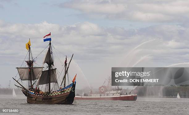 Replica of the Dutch ship Half Moon is saluted by a New York Fireboat on September 13, 2009 in New York Harbor. The historic boat is in New York...