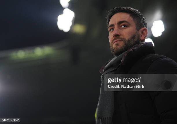 Lee Johnson, manager of Bristol City looks on during the Sky Bet Championship match between Derby County and Bristol City at iPro Stadium on January...