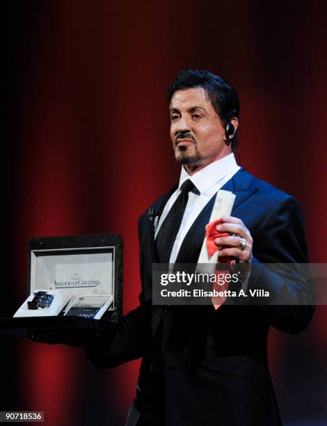 Actor Sylvester Stallone poses with his Lifetime Achievement award as he attends the Closing Ceremony at The Sala Grande during the 66th Venice Film...