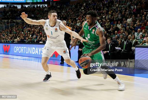 Mo Soluade, #6 of Unicaja Malaga in action during the 2017/2018 Turkish Airlines EuroLeague Regular Season game between Unicaja Malaga and Real...