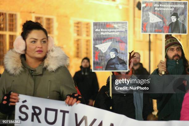 Protesters holding banners, with anti-hunting slogans are seen in Gdansk, Poland on 19 January 2018 Over 200 people protested against new hunting law...