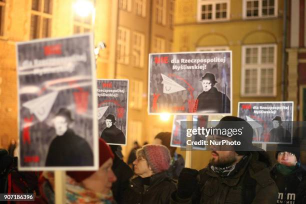 Protesters holding banners, with anti-hunting slogans are seen in Gdansk, Poland on 19 January 2018 Over 200 people protested against new hunting law...